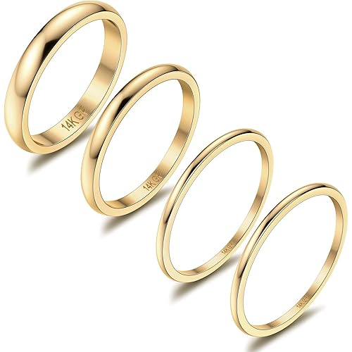 THUNARAZ 14K Gold Filled Rings Stacking Rings for Women Stackable Thin Gold Ring Plain Pinky Thumb Midi Statement Band Ring Comfort Fit 4Pcs 1mm 2mm 3mm 5mm