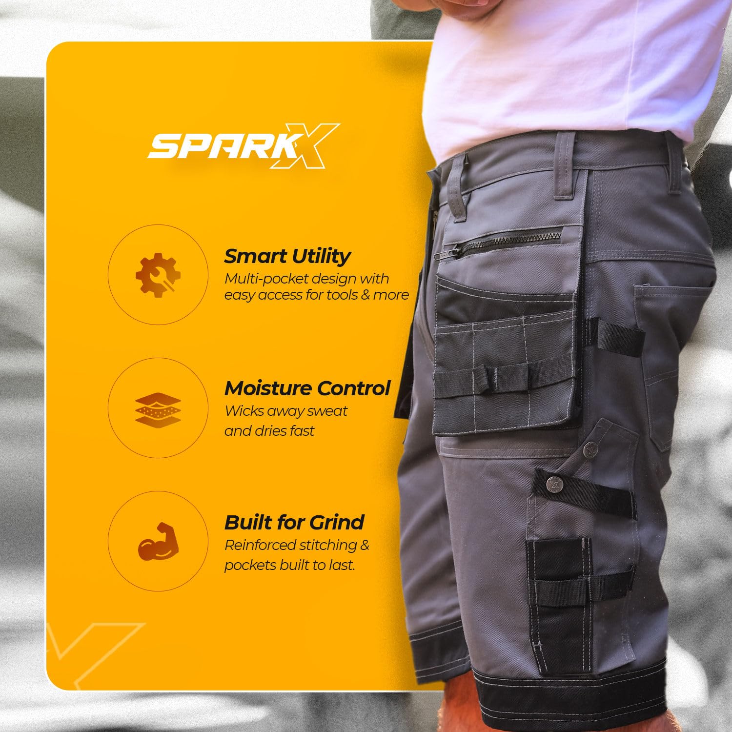 SparkX - Pantalones cortos de trabajo para hombre, ropa de trabajo resistente, con múltiples bolsillos, utilidad y seguridad, pantalones cortos de verano de combate - triple costura, transpirables y