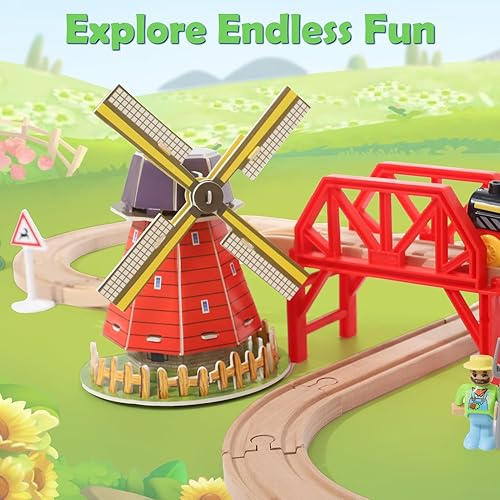 Miniatura 2 de Wdmiya Juego de tren de madera para niños pequeños, 38 piezas de pista de tren de madera para niños, juguete de tren con puente y pistas (se adapta