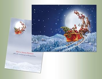 PERFORMING ARTS BOXED CHRISTMAS CARD SET Flying Santa Set of 16 Velvet Touch coated cards/16 envelopes 1 design per box
