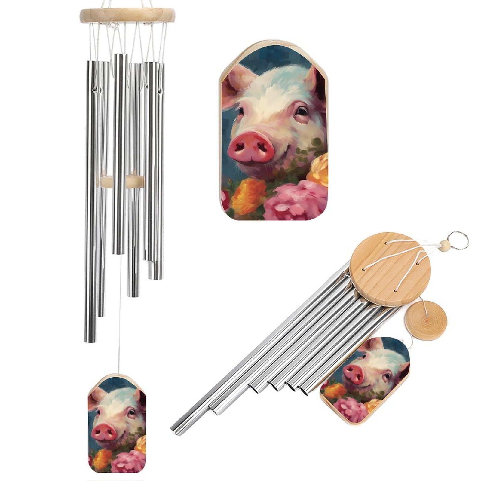 Painting Flower Pigs Wind Chimes for Outside Memorial Gift Sympathy Wind Chimes Aluminum Tube Windchime with Hook Windbell for Outdoor Patio Garden Decor Housewarming Gift
