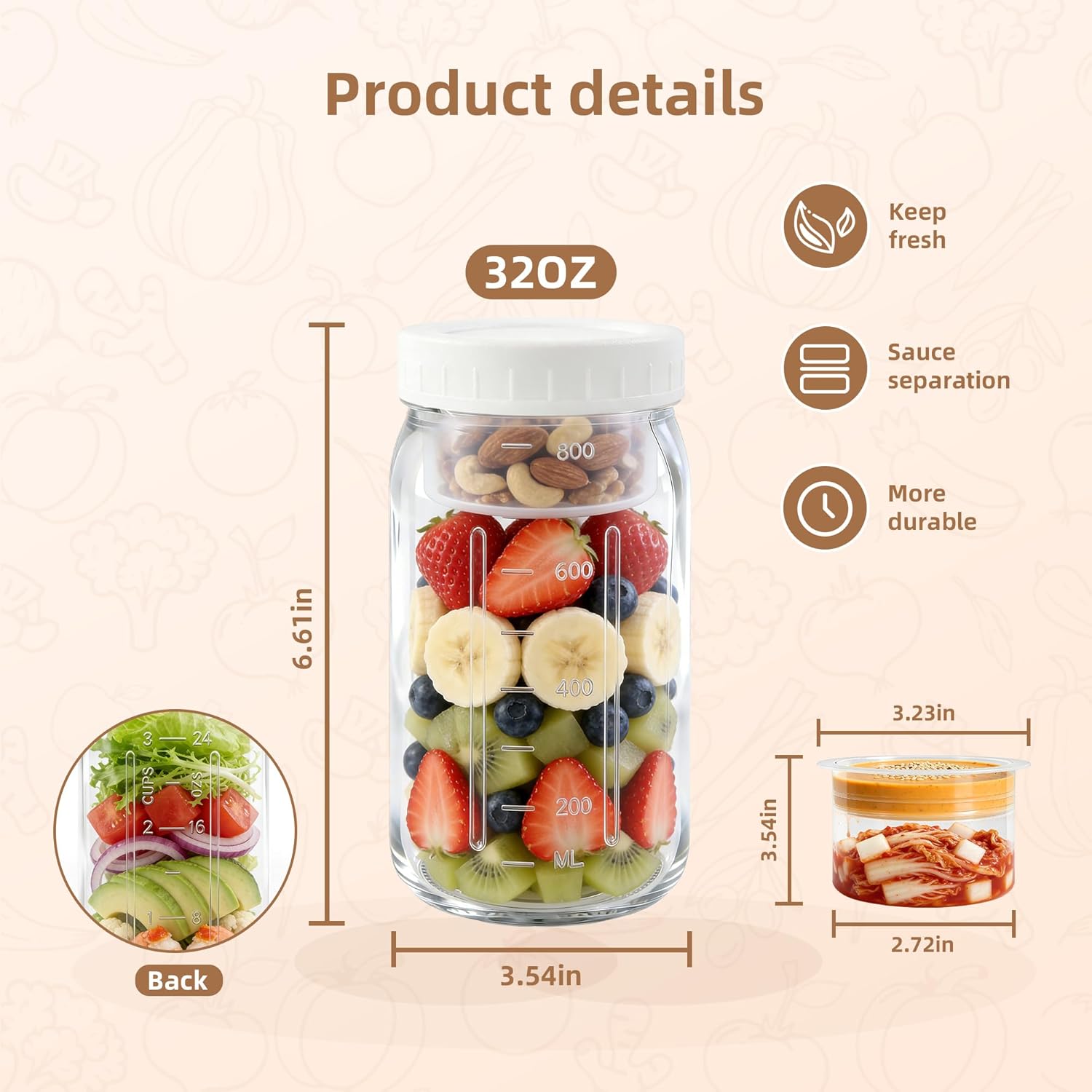 4Pack Glass Salad Jars with lids meal prep- 32oz Leakproof container for lunch | Comes with 2 Built-In Compartments for Wet/Dry Separation | salad dressing and dry ingredients storage. - Image 3