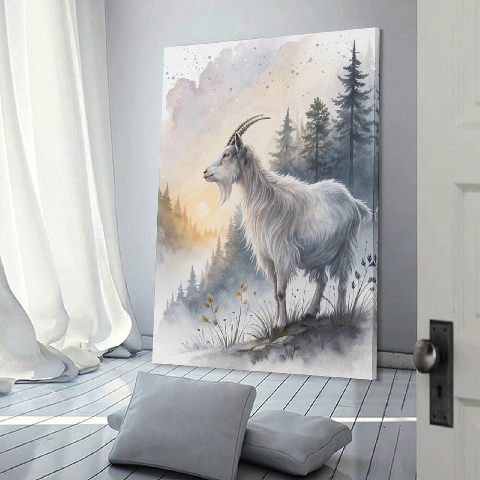 Junmoney Frame-Style-14 White Goat In Misty Mountains Room Decor Wall Art 20X30inch(50X75cm), For Bedroom, Guest Room Or Reading Nook, An Easy Wall Refresh For Bedrooms