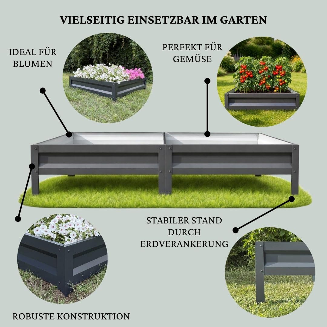 Botanic Hochbeet Metall 200x100x20 cm, verzinkter Stahl, wetterfest & rostfrei, Metallhochbeet Anthrazit mit Bodenankern, stabiles Gartenbeet für Gemüse, Kräuter und Blumen
