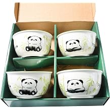 Ceramic Rice Bowls Set of 4, Cute panda Cereal Bowls with Bamboo Pattern, Porcelain Snack Bowls for Soup, Sauce or Snack, Dishwasher & Microwave Safe