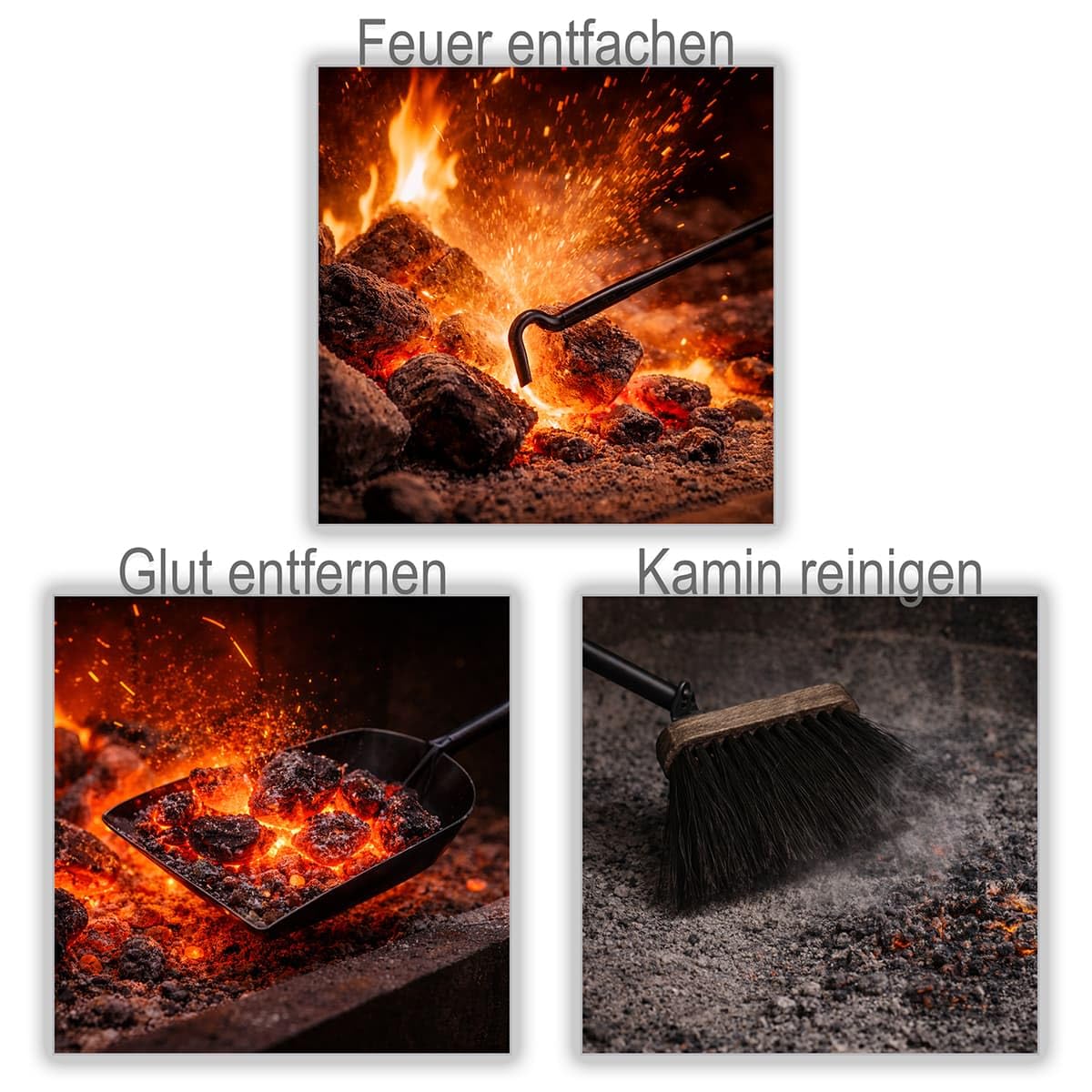 MS Beschläge Kaminbesteck 4-tlg. schwarz pulverbeschichtet – modernes Ofenbesteck Kamin-Set mit Schürhaken, Schaufel und Besen - kompakt & platzsparend - Kamingarnitur rund Griffe Aluminium gebürstet
