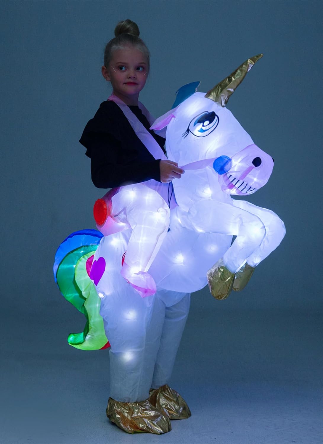 Kids Inflatable Unicorn Costume, Riding Unicorn Air Blow-up Deluxe with LED Light for Halloween Party Unicorn