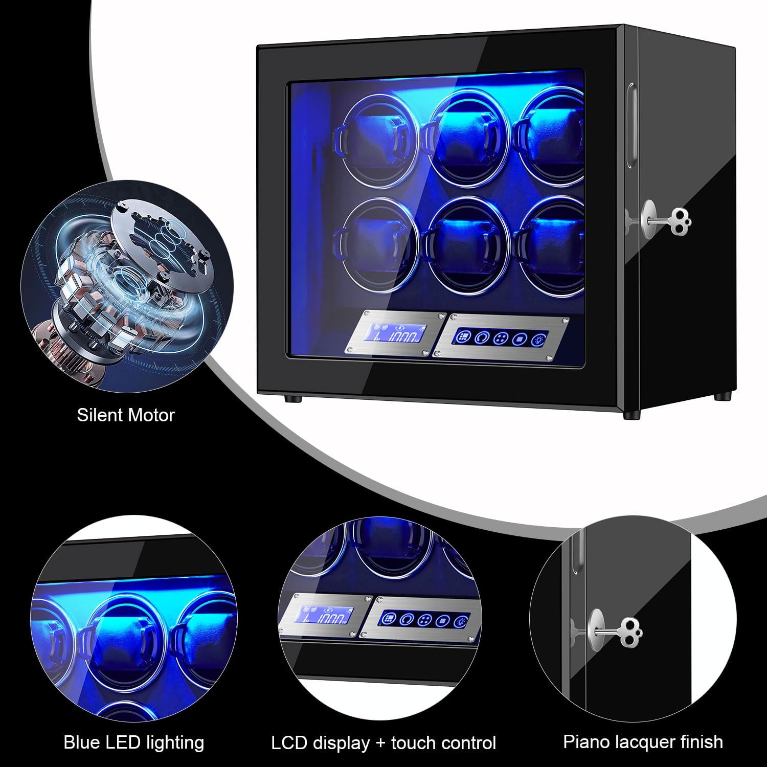 Watch Winder 6 Slots Automatic Watches,Ultra-Quiet Japanese Motors, Built-in LED Illumination and LCD Touchscreen Control