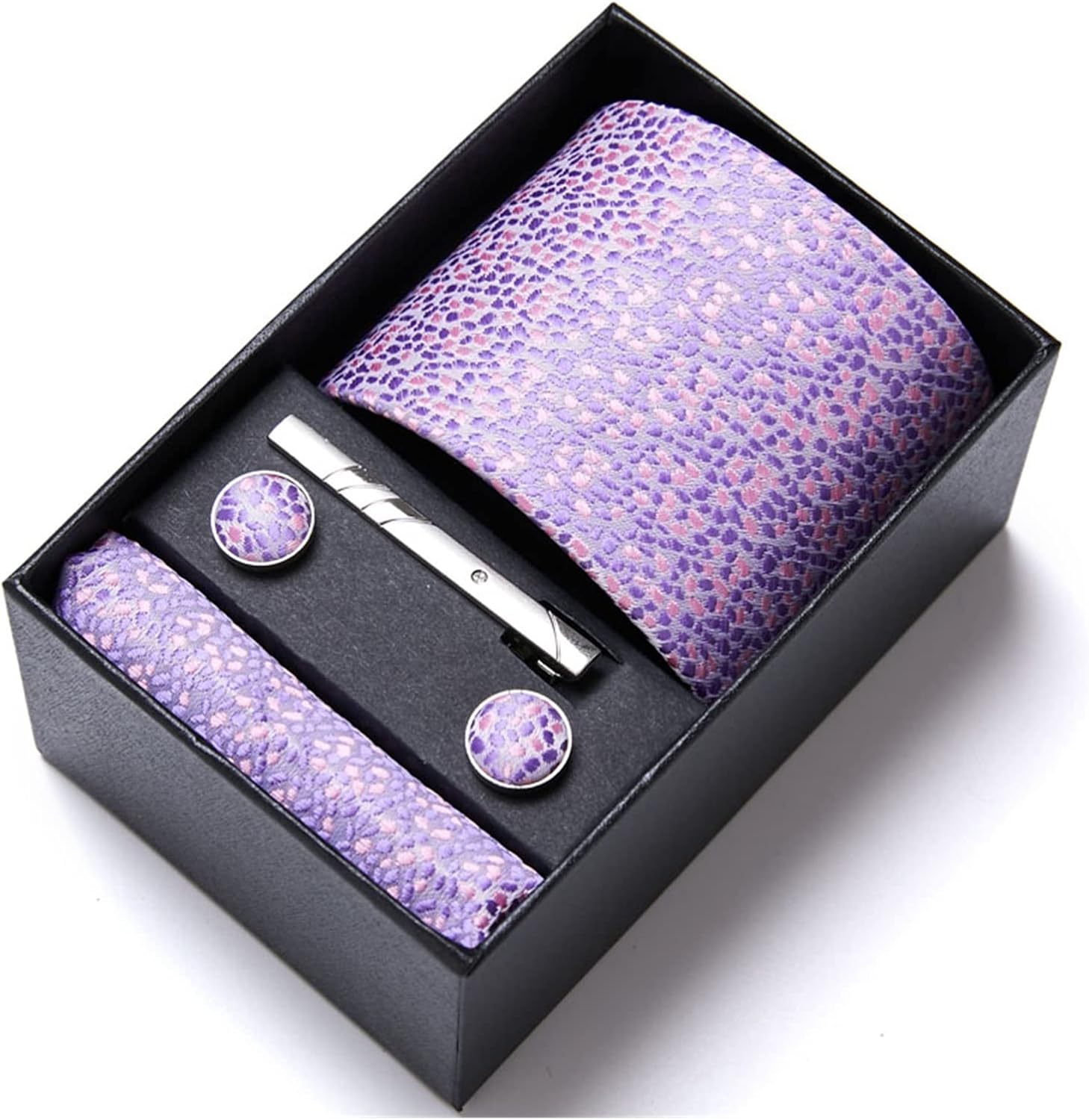 NYMFEA Lasting New Gift Box Tie Set for Men Fashion Pink Necktie Handkerchief Cufflinks & Pin Men's Classic Striped Cravate Lasting (Color : HB183)