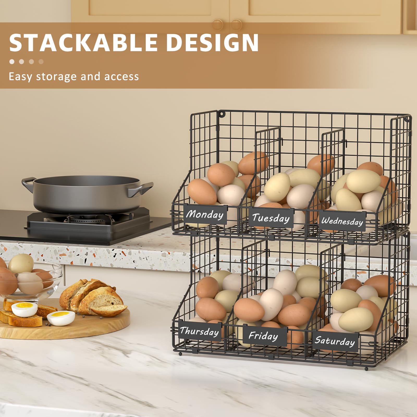 keomaisyto Metal Egg Holder with 4 Dividers to Separate Eggs for a Week, 2 Pack Stackable Wire Storage Baskets for Gathering Fresh Eggs, Large Egg Dispenser for Countertop Storage/Display