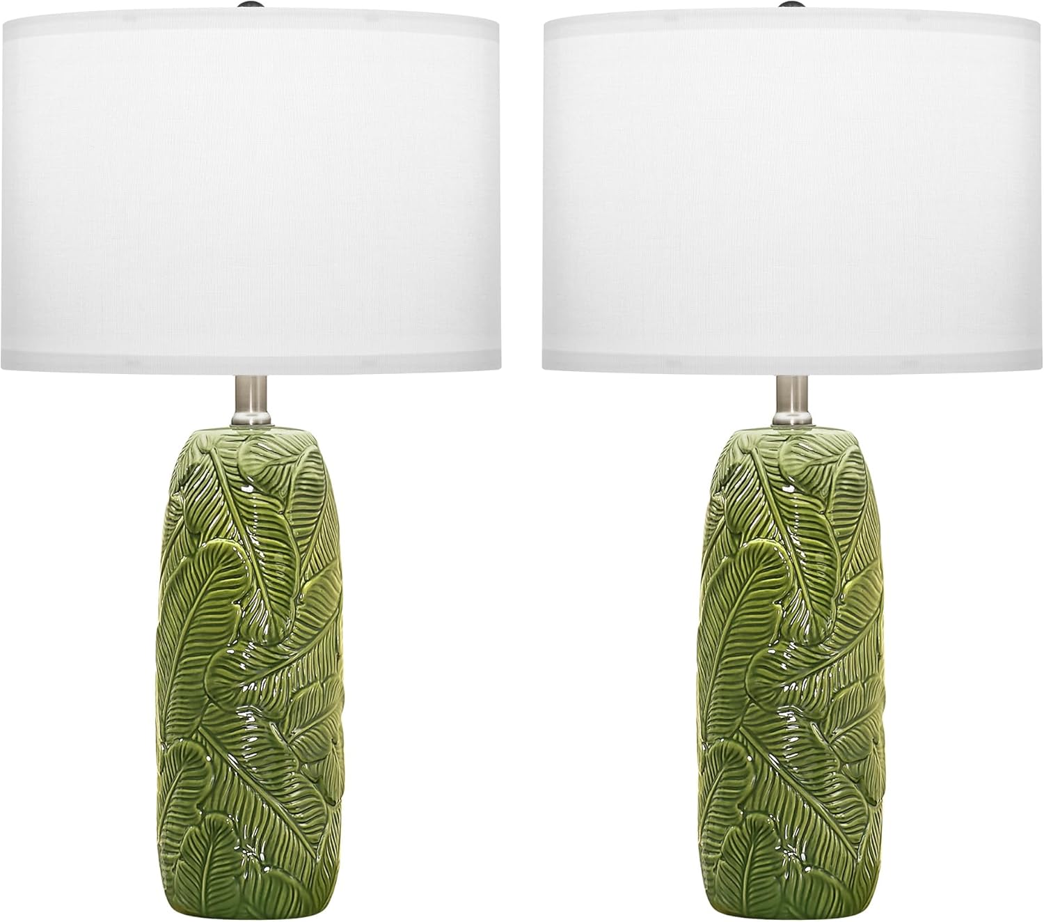25" Green Ceramic Table Lamps Set of 2, Leaf Embossed Modern Farmhouse Bedside Lamps with White Linen Shade for Bedroom, Living Room, Office & Nightstand Decor