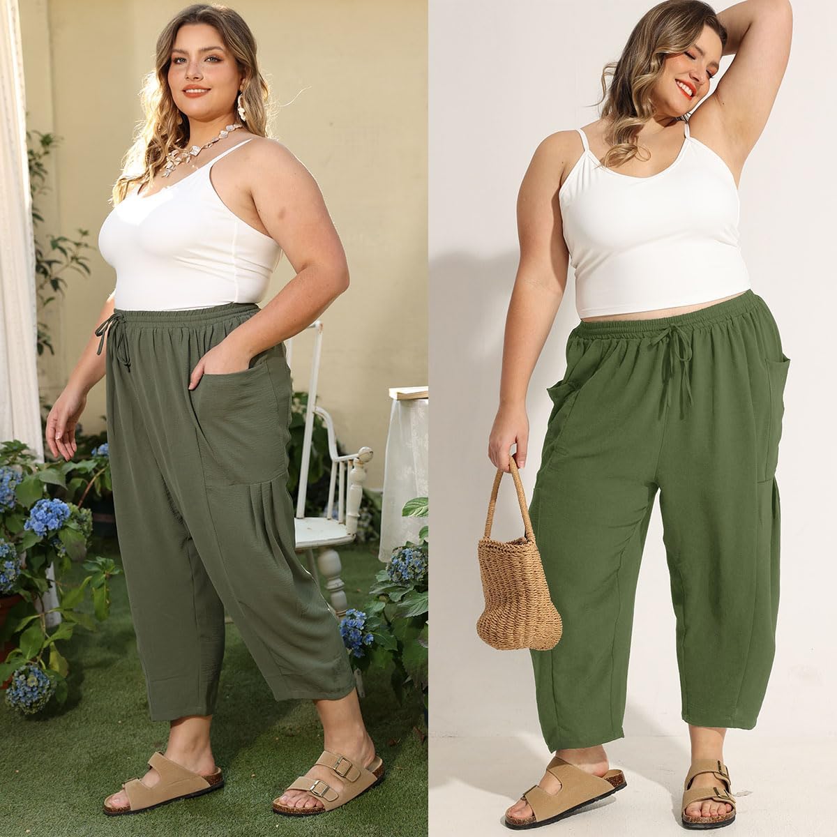 CARCOS Plus Size Pants Womens Summer Palazzo Harem Pants Drawstring Lantern Beach Pant Ankle Vacation Pant with Pocket Xl-5XL - Image 4