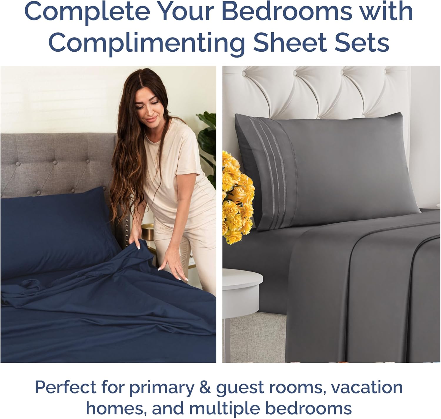 Full Navy Blue Sheet Set & Full Dark Grey Sheet Set Bundle - Two Full Bedding Sets w/ Flat Sheets, Fitted Sheets & Pillowcases - Soft, Hotel Luxury Quality - Cooling Sheets Set (Navy Blue & Dark Grey)