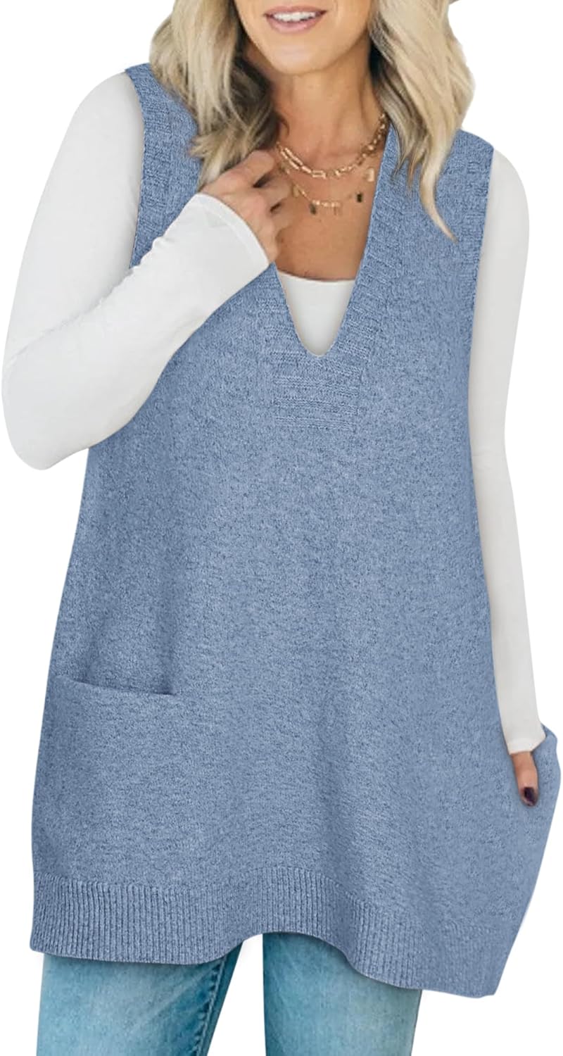 Sweater Vest Women Sleeveless V Neck Oversized Knit Tops Tunic Dress with Pockets Fashion 2026 Spring Clothes - Image 5