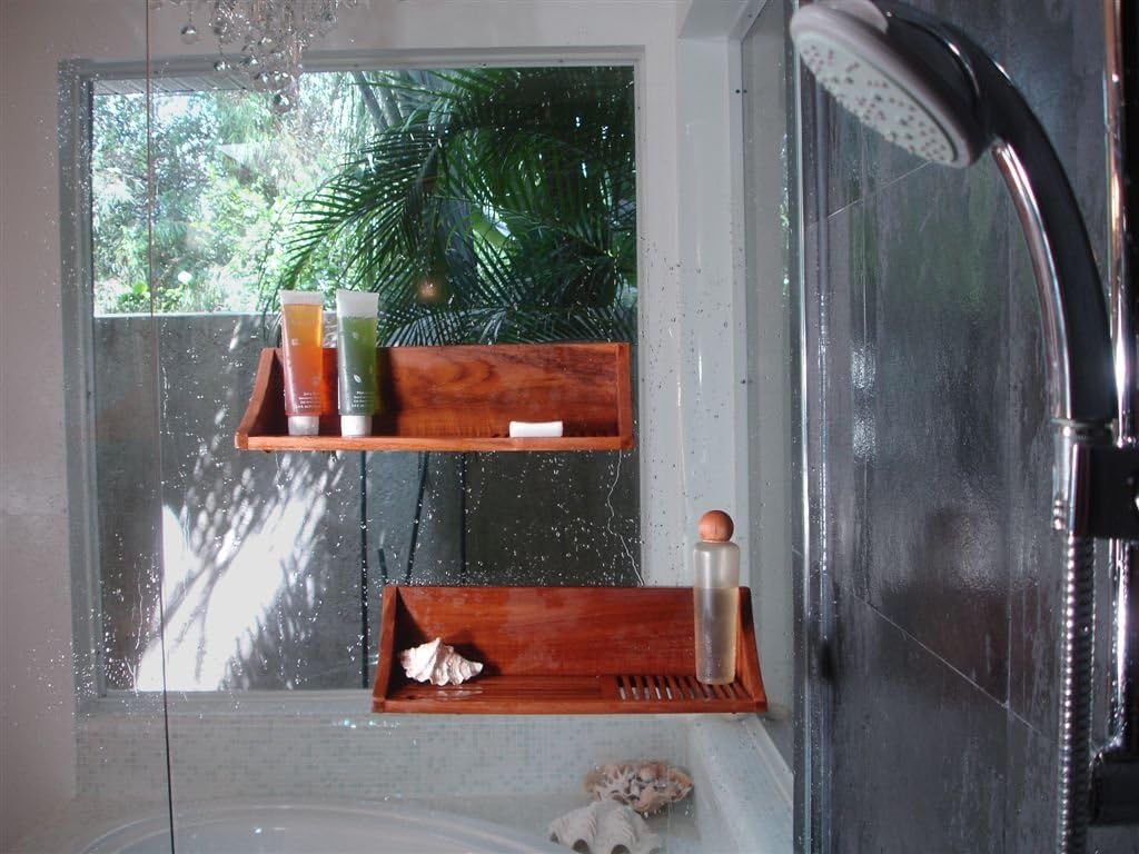 Teak Wood Suction Mount Shower Shelf with Razor Port