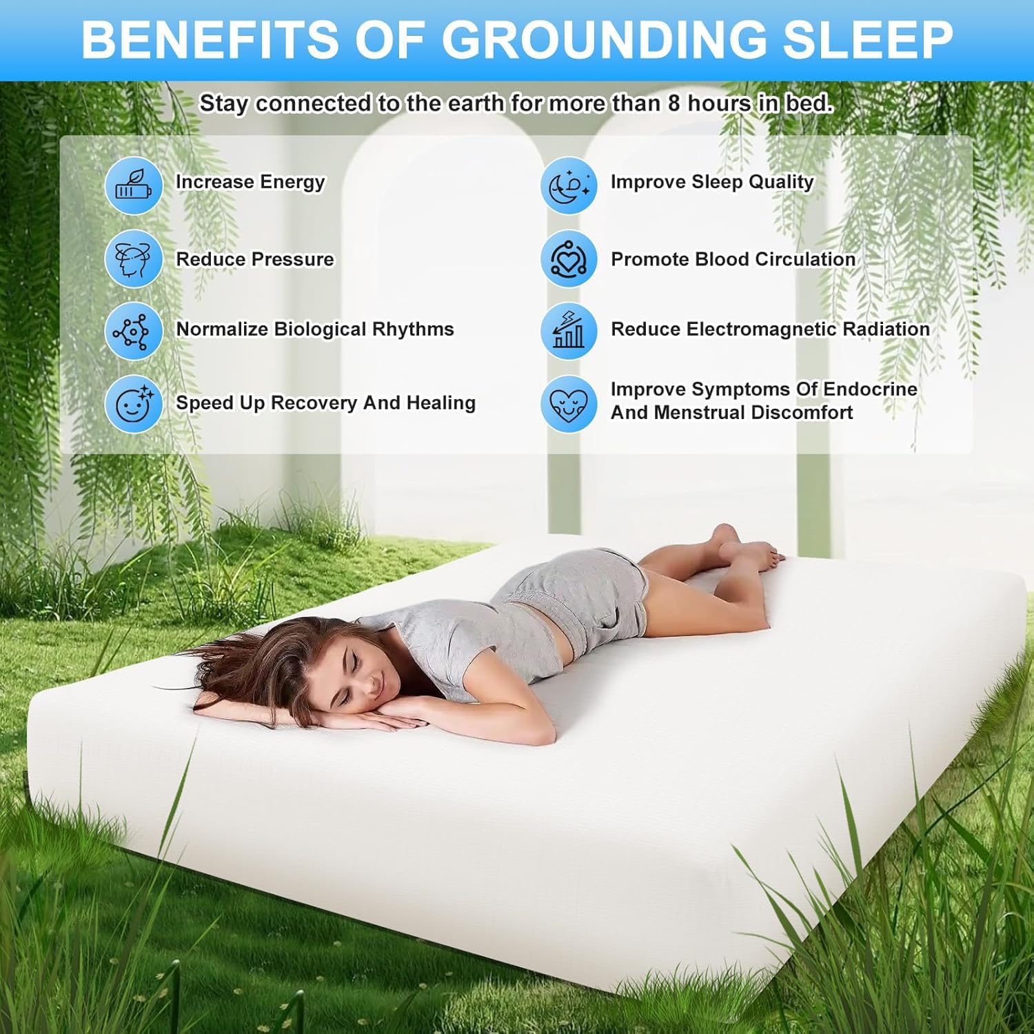 Lenzuolo di messa a terra conduttivo, Grounding Bed Sheet, Tappetino da terra secondo la norma UE, con 5% fibra d'argento e 95% cotone biologico, per Sonno Migliore Recupero Energetico (200x200cm)