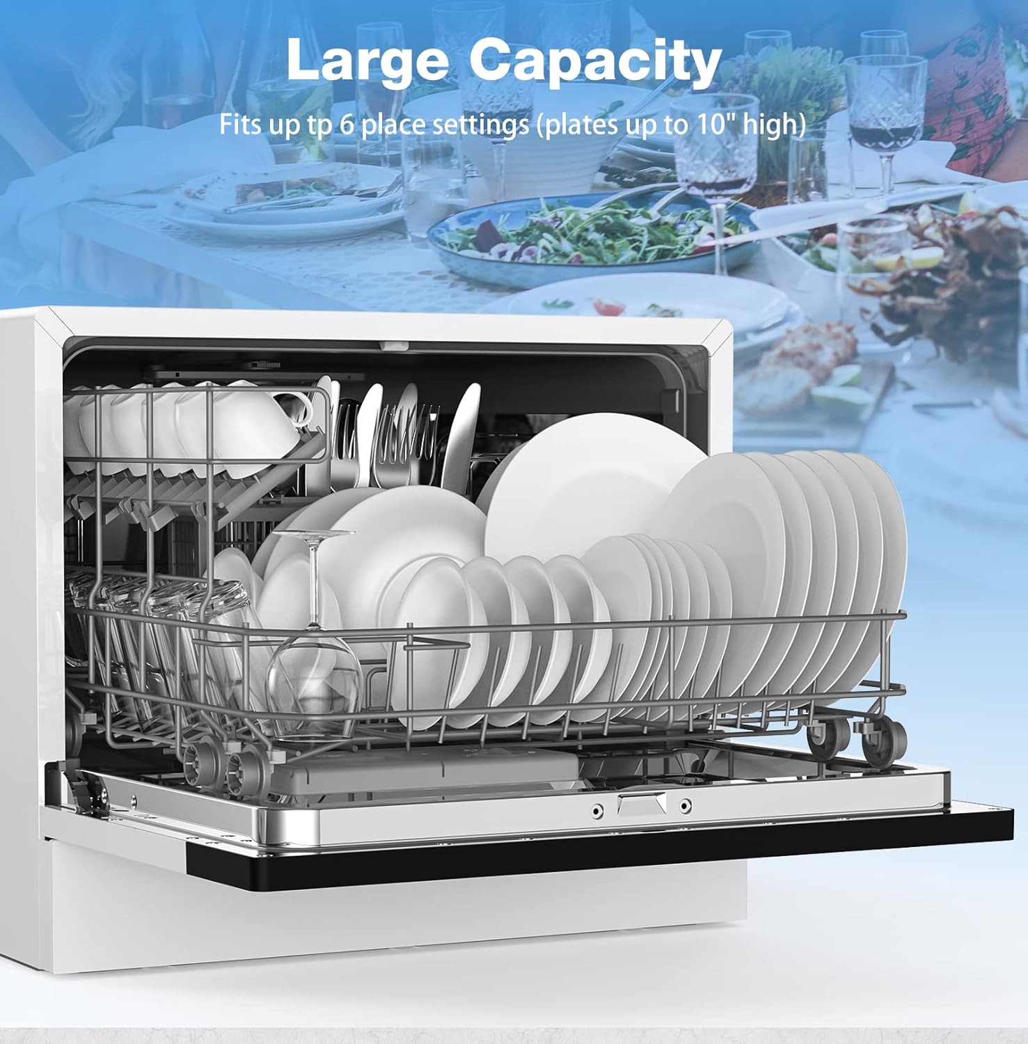 Dishwasher interior showing large capacity for dishes