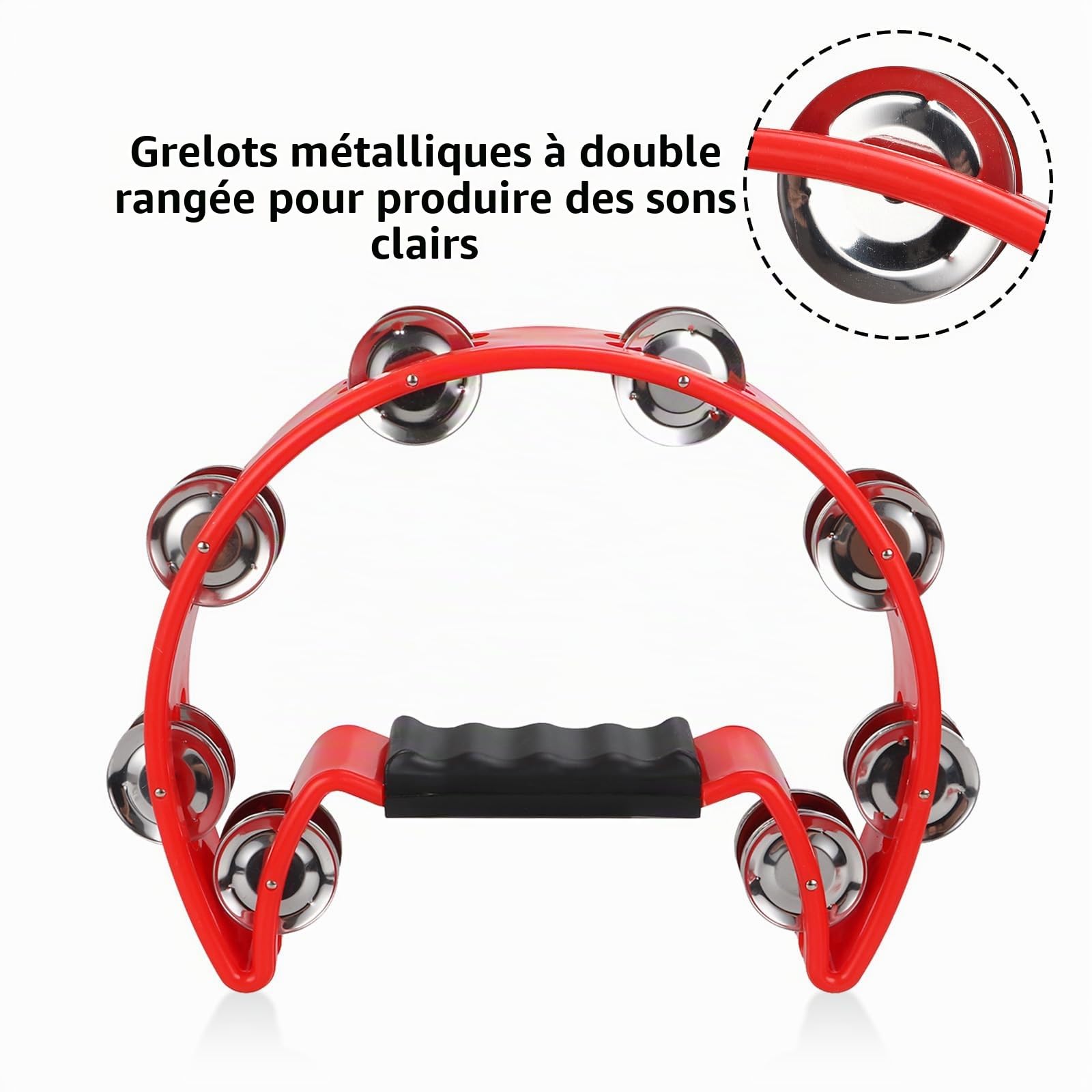 SENENQU Lot de 2 Tambourin Demi-lune, 25cm Tambourin Adulte Main avec 40 Clochettes en Métal - Tambourin Main à Double Rangée pour Les Musiciens, Chanteurs, Cours de Musique et Groupes Noir -Blanche…