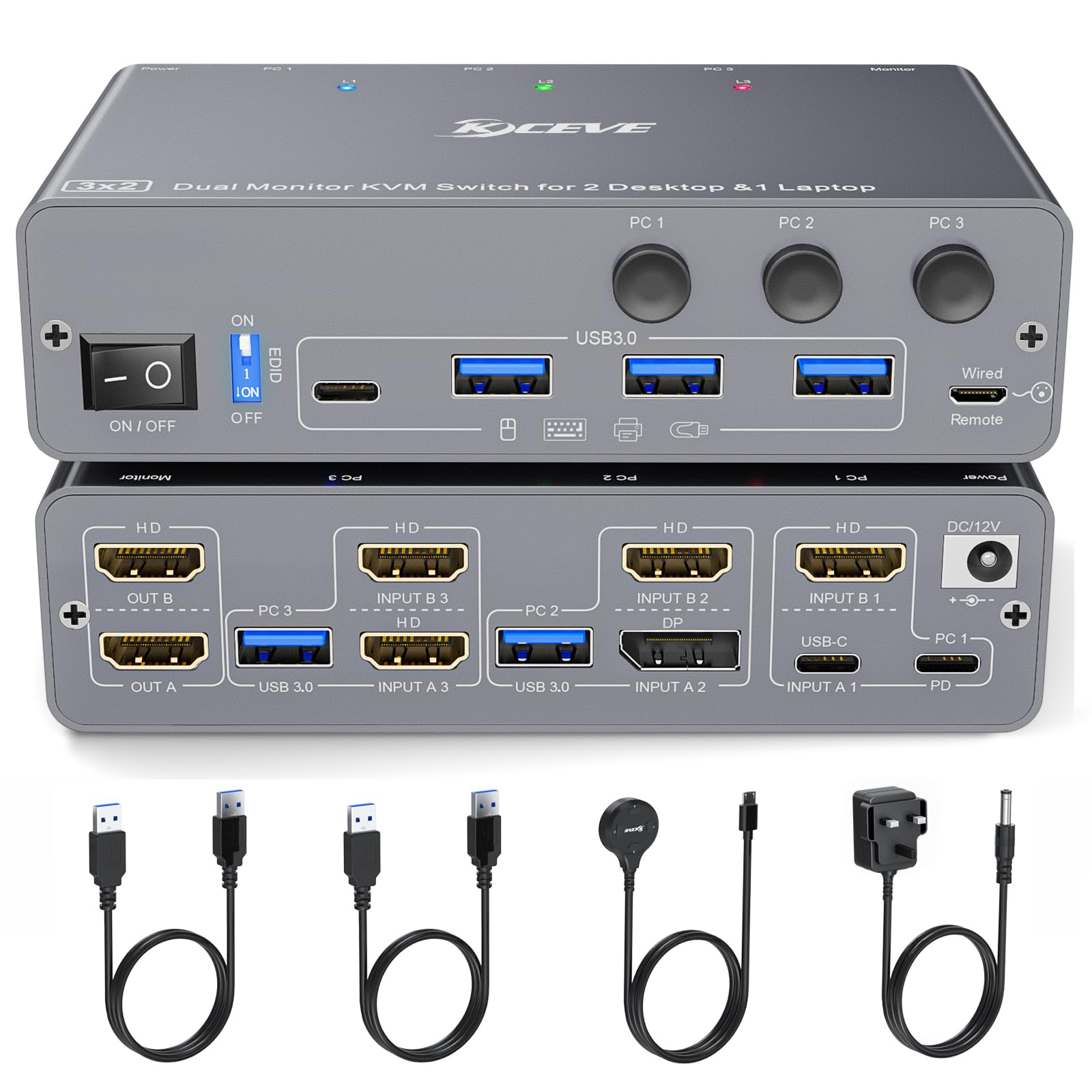 4K/1080P@60Hz USB C HDMI DP Dual Monitor Switch KVM 2 Monitor 2 Computer 1 Laptop con 4 porte USB 3.0, Simulazione EDID, PD 73W per laptop, telecomando cablato e cavi USB inclusi