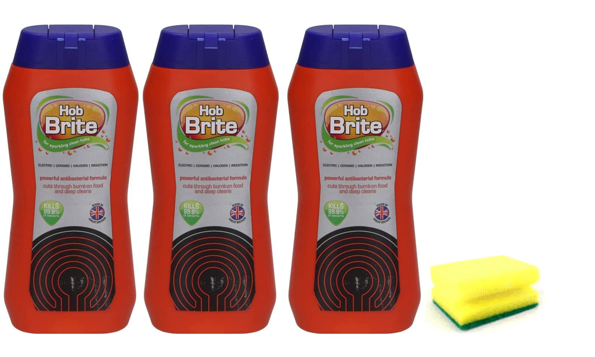 3X Hob Brite Hob Cleaner Lemon Sherbet (3X 250 ML), Ceramic, Electric, Halogen and Induction Hob Cream Cleaner with Degreaser Sponge- Packaging May Vary