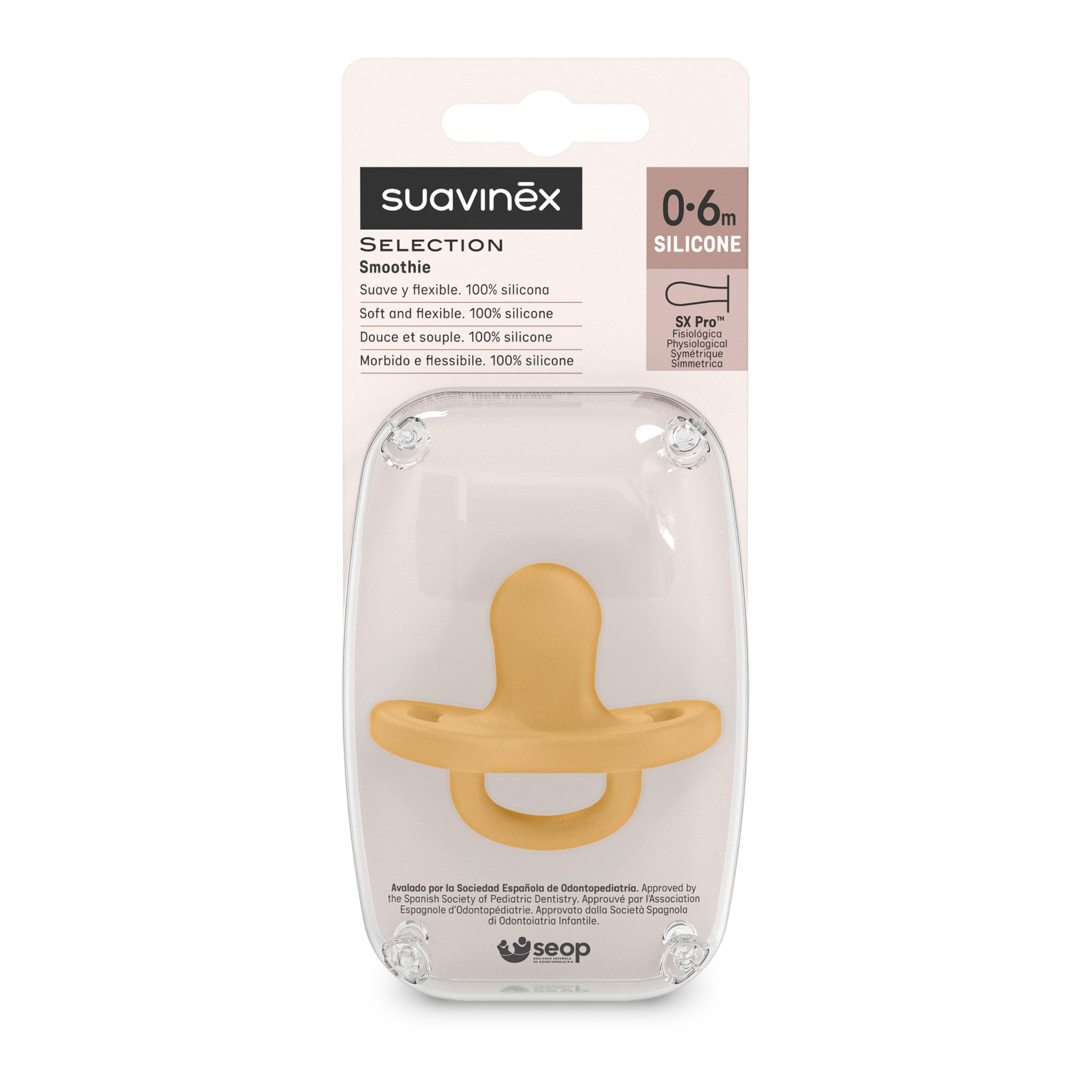 Suavinex, Silikonowy smoczek, w wieku 0/6 miesięcy, smoczek z symetrycznym sutkiem, super miękki i elastyczny, idealny do spania, Color Essence, Honey