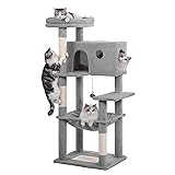 54' Cat Tree with Big Hammock 21x17” XL Cat Tower with Scratching Posts Featuring Large Top Bed, Scratcher Pad, Spacious Condo House and Detectable Ball for Indoor Cats-Large Gray Large-54' Gray
