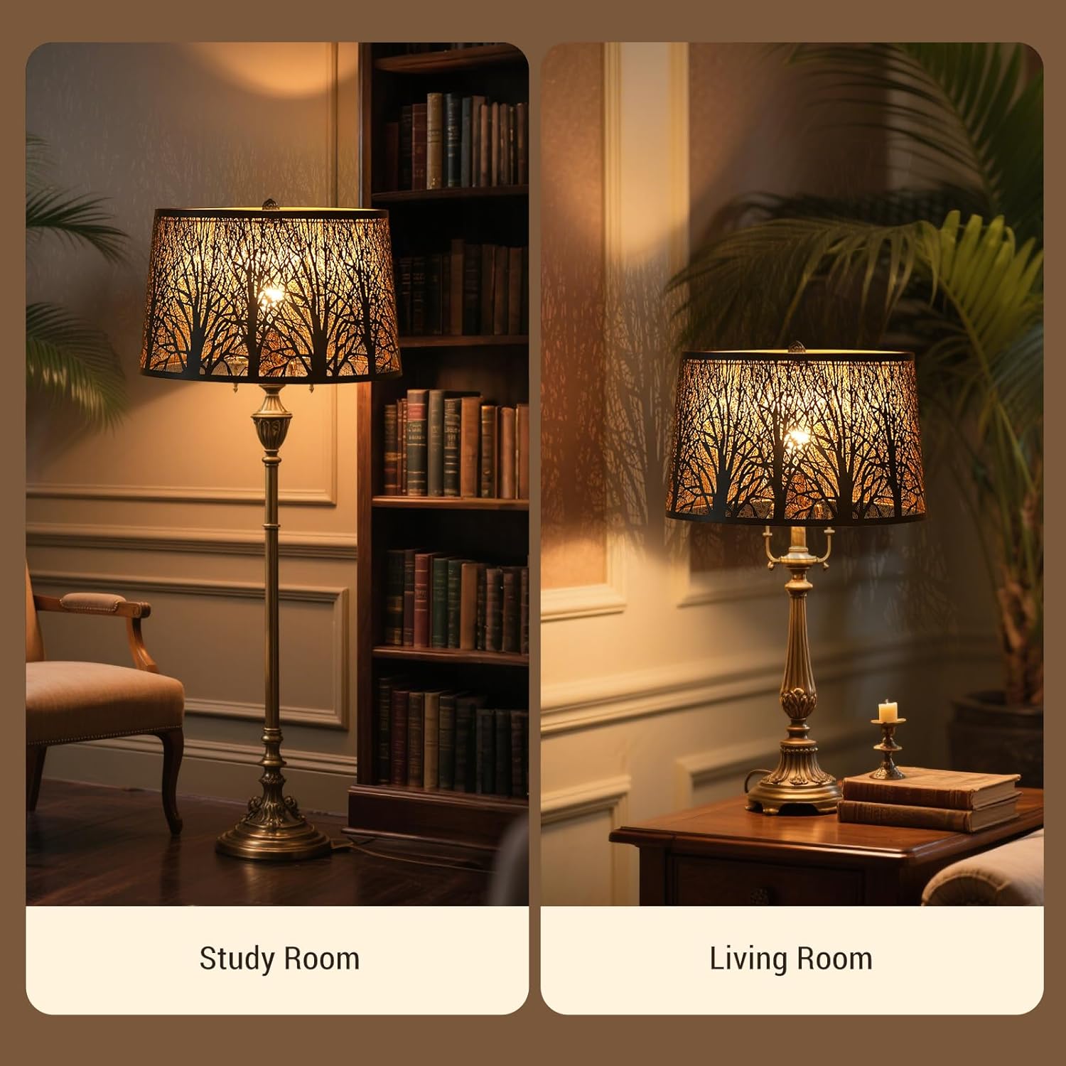 Large Hexagonal Etched Forest Palace Metal Lamp Shade 10x16x14.5" Antique Copper Outer and Gold Inner for Floor Lamps and Table Lamps