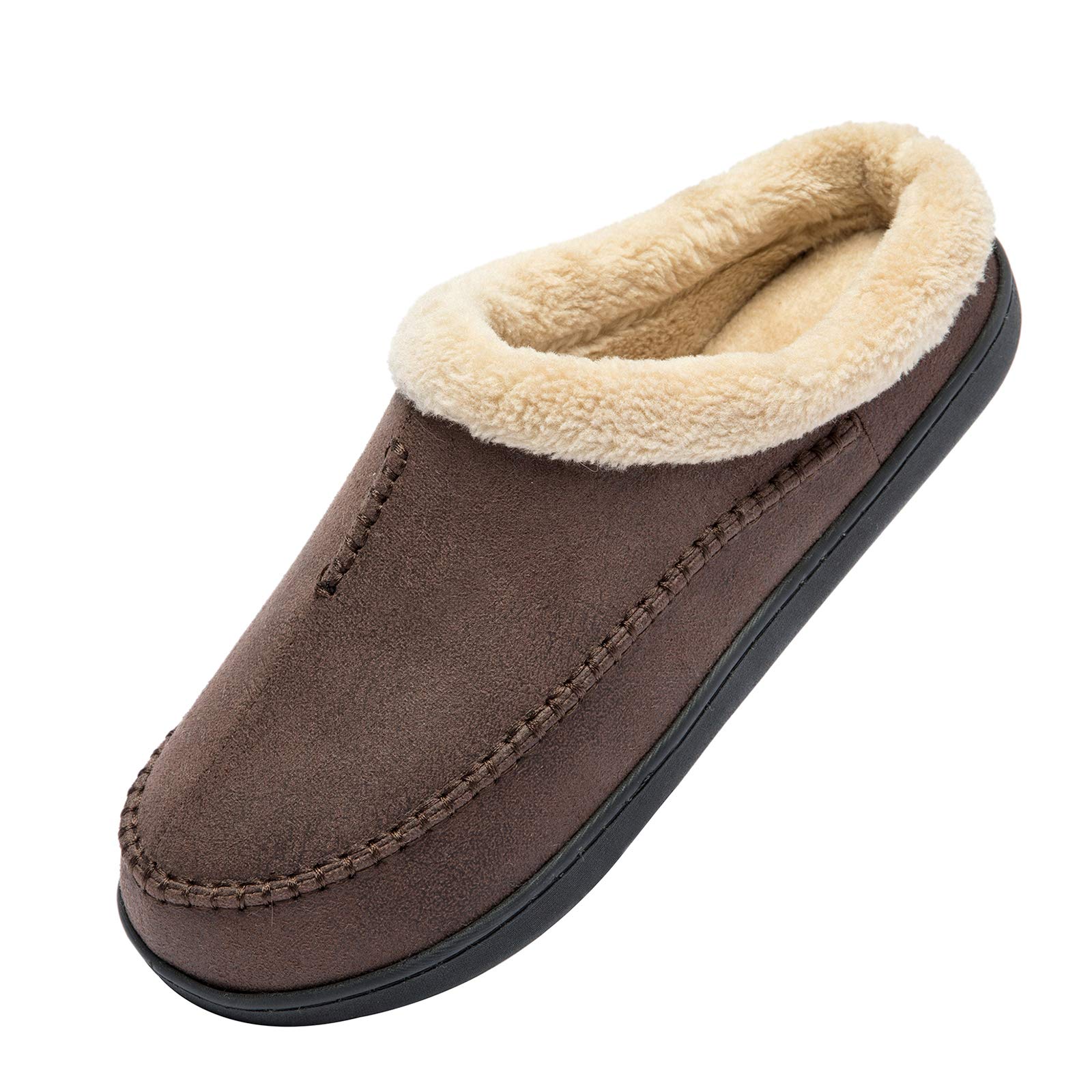 WOTTE Mens Moccasin Slippers Faux Leather Fleece Memory Foam Slip On House Shoes for Indoor and Outdoor