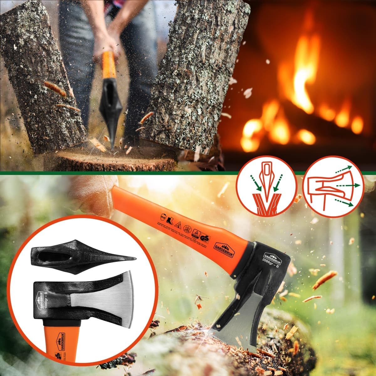 Gardebruk® Axt 2 kg Beil 1 kg Set ergonomischer Handgriff Gummischutz Universal Spaltaxt Spaltbeil Spalthammer Holzspalter