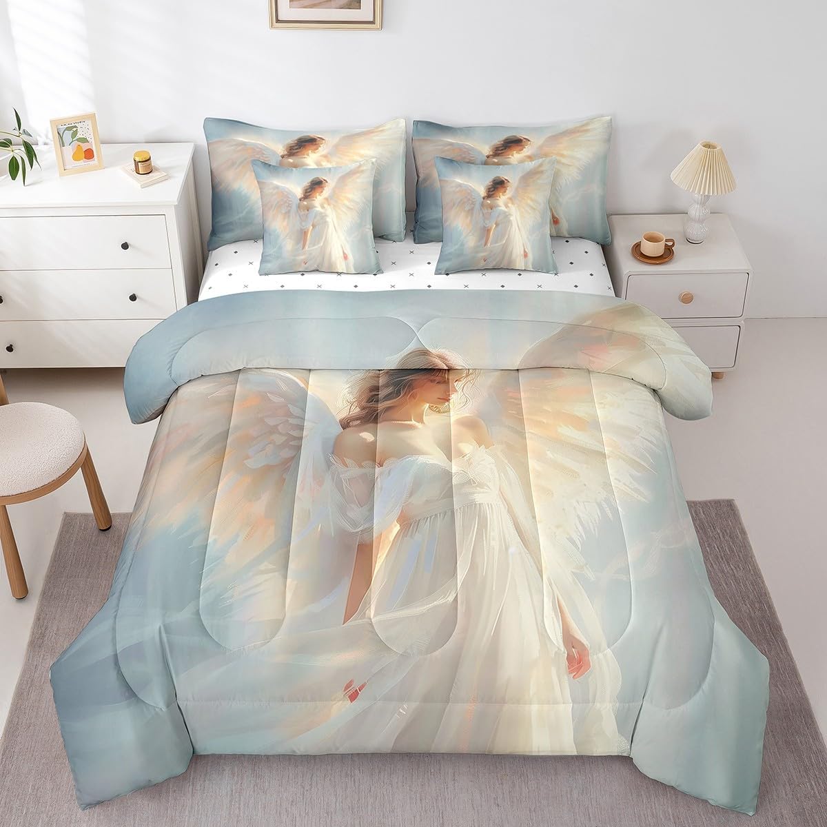 Erosebridal White Angel Queen Bedding Set, Angel Wings Bed in A Bag,Dreamy 3D Printed Comforter Sets with Sheets, Sacred Inspirational 7 Pieces Bed Set Bedroom Decor