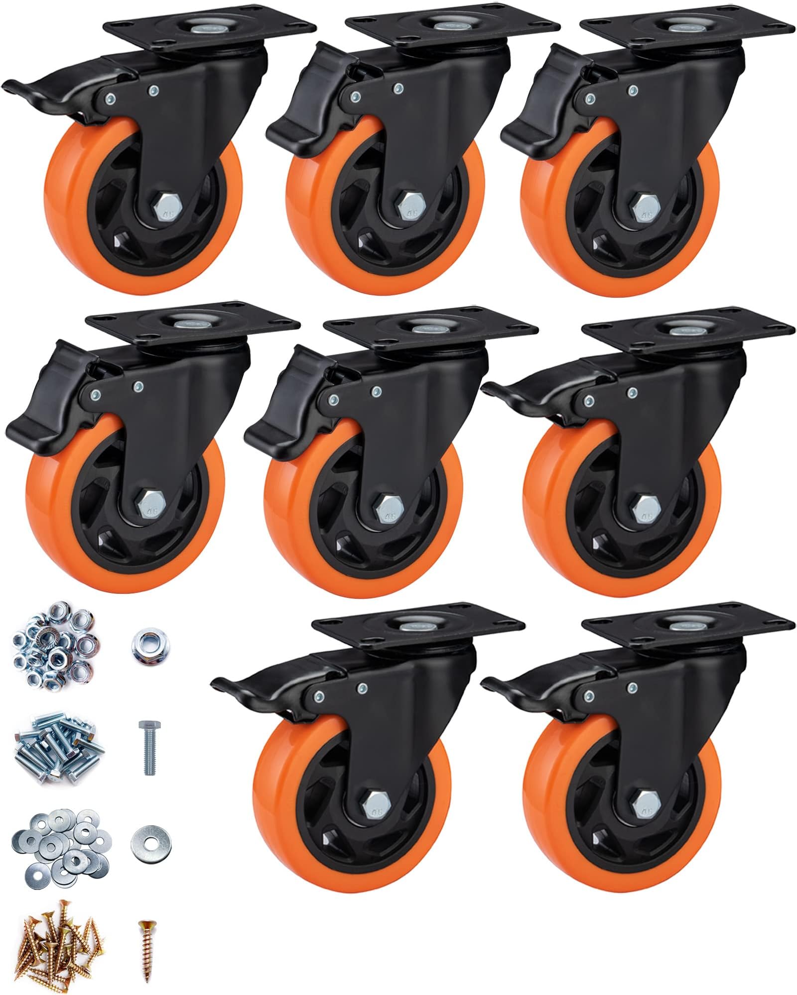 100mm Heavy Duty Swivel Castors With Brake (Top Plate) - Set of 8 Caster Wheels for Furniture, Non-Marking Orange Polyurethane Trolley