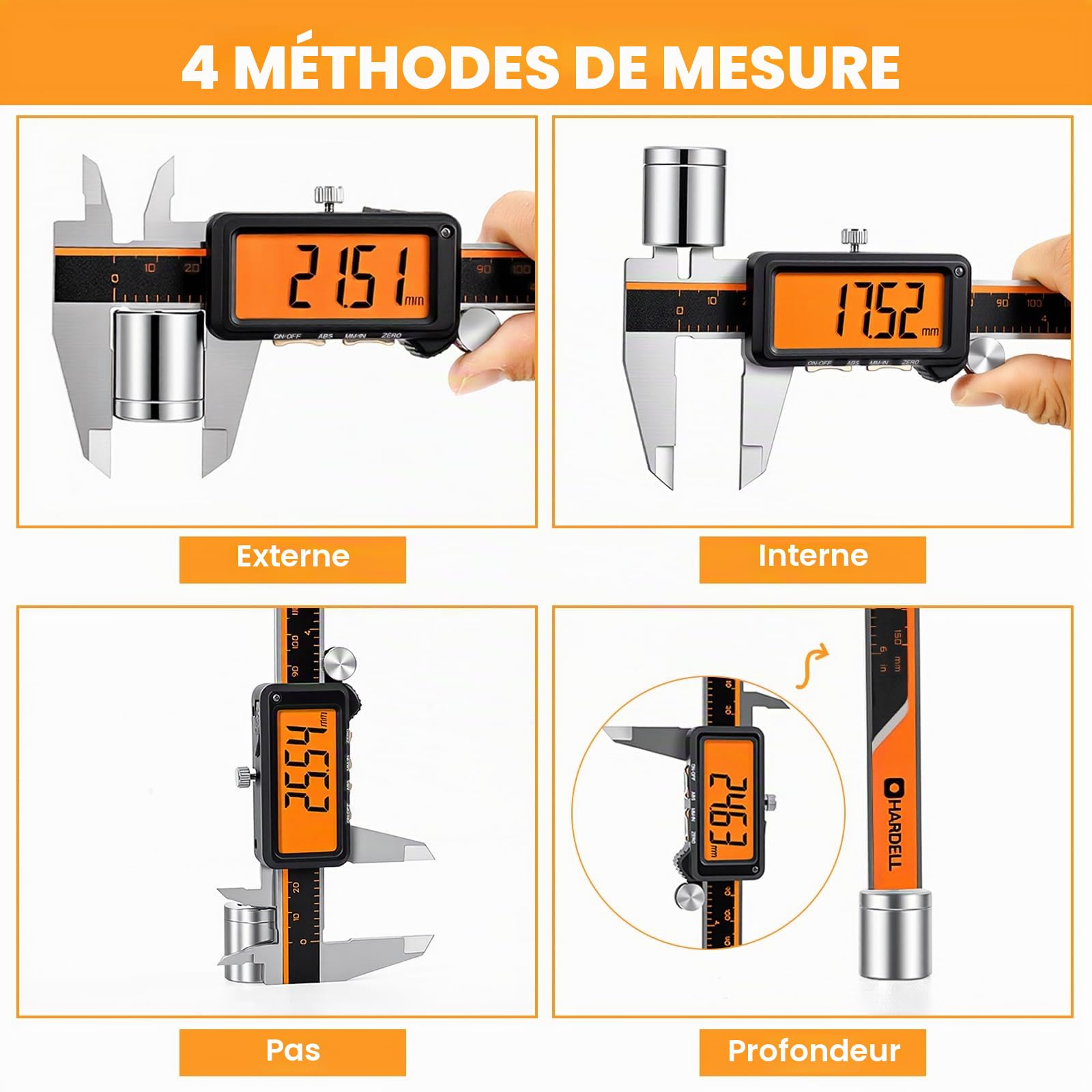HARDELL Pied à coulisse numérique rechargeable avec grand écran orange, fonction LCD antireflet et ABS, outil de mesure en millimètre, micromètre en acier inoxydable – Arrêt automatique pour bricolage