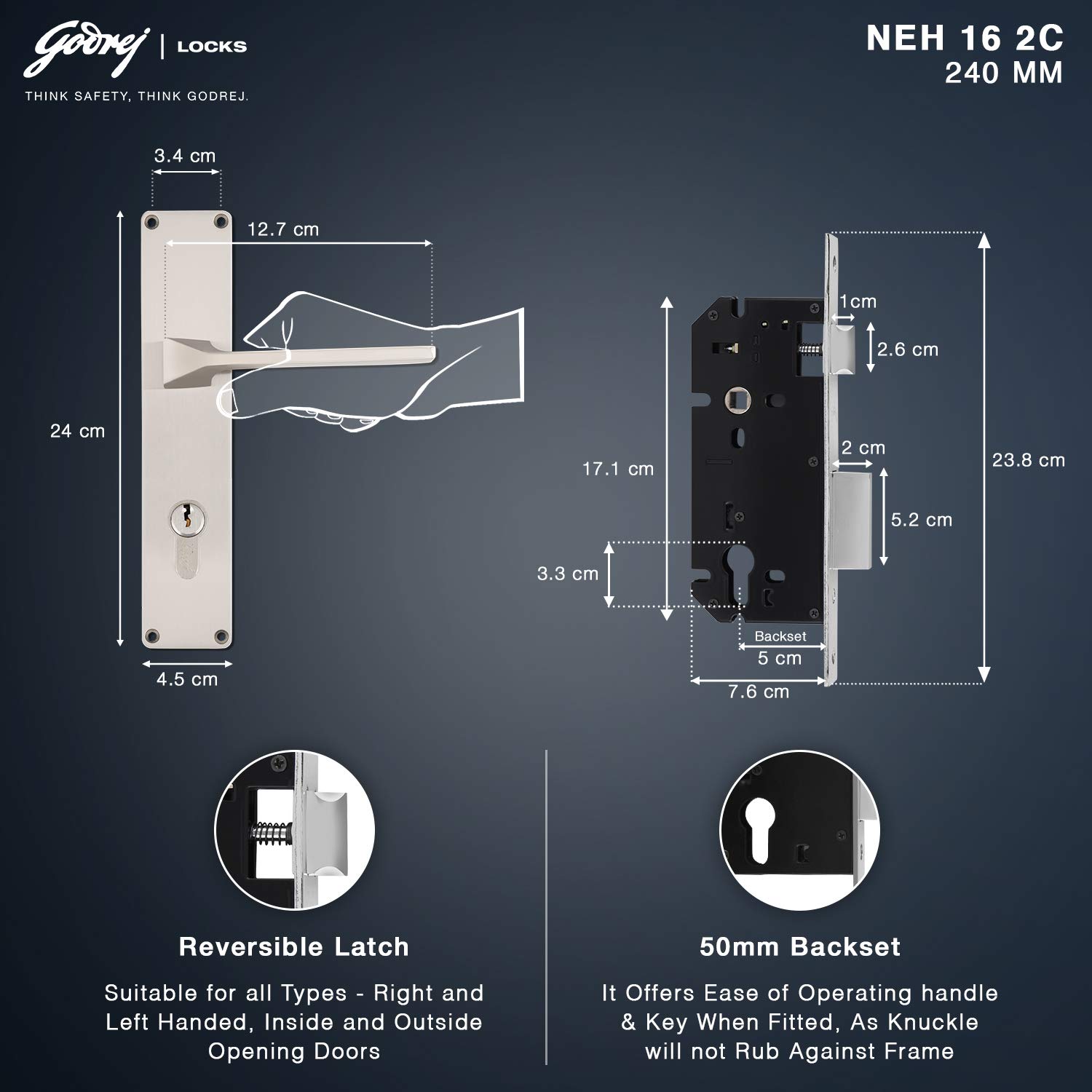 Godrej Locking Solutions and Systems Locks NEH 16-240 mm Door Handle with Lock Set 2C Satin Steel 3