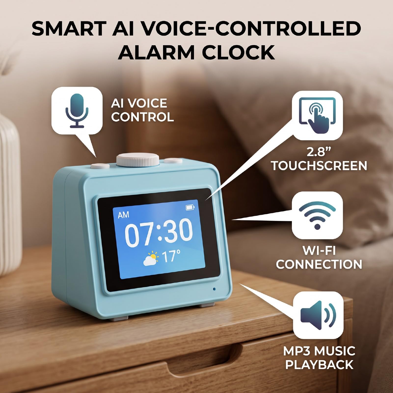 Reloj Despertador Inteligente, Control por Voz Ai, Pantalla