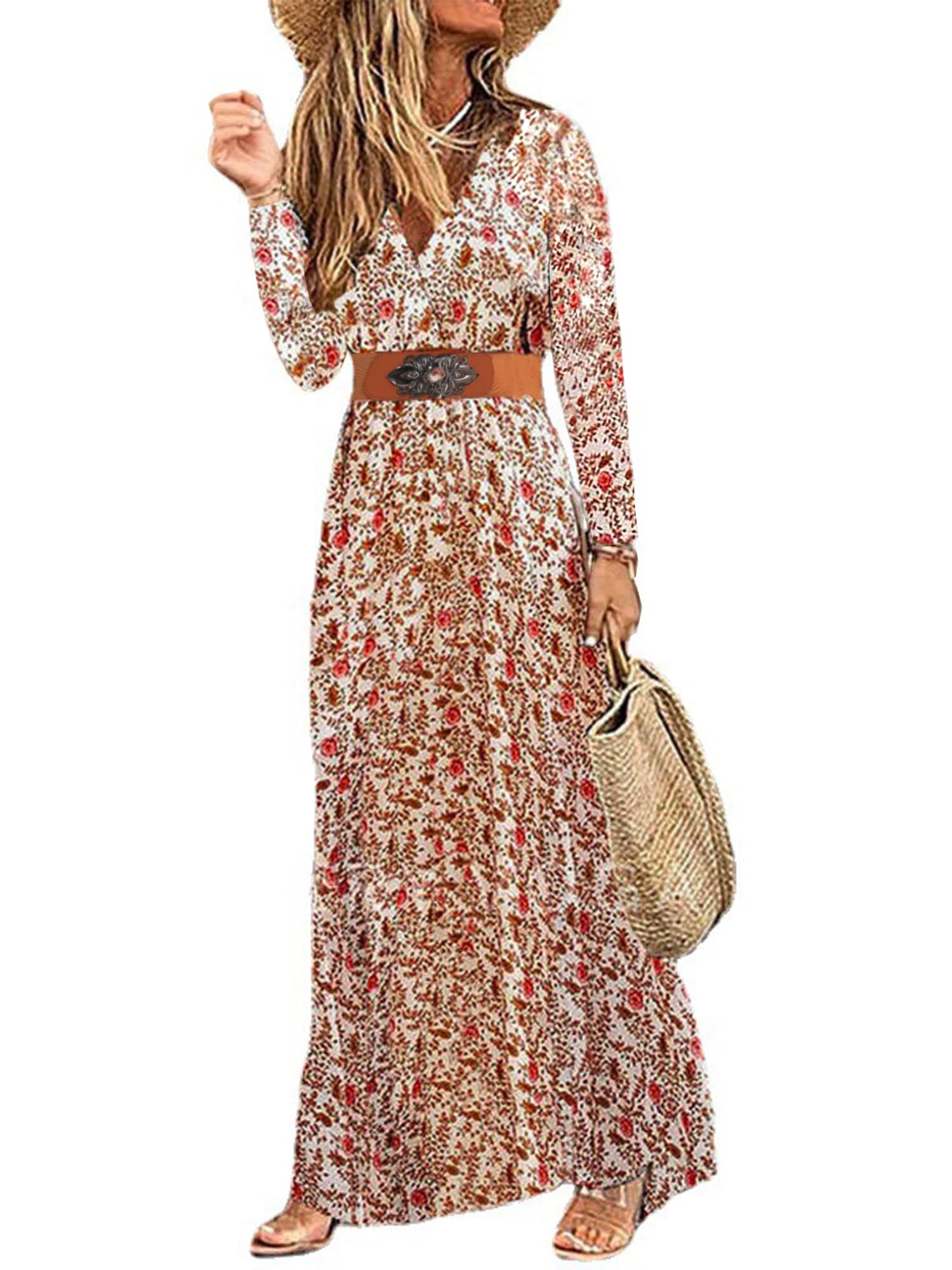 Woolicity Maxi Abito Estivo da Donna, Stile Boho, Floreale, Scollo a V, Maniche Lunghe, da Spiaggia, Manica Corta