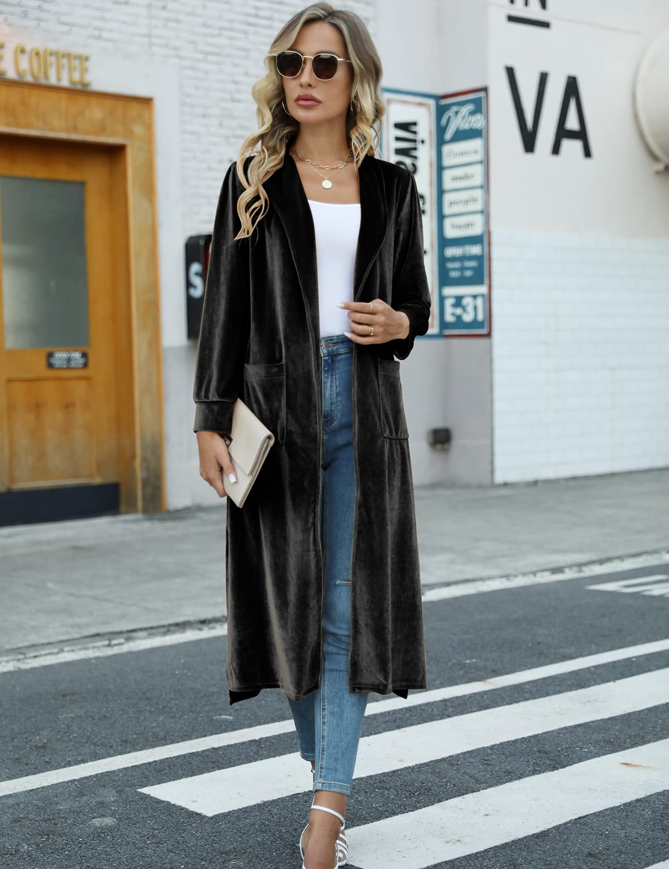 Arssm Women's Long Velvet Cardigan Jacket Lapel Collar Open Front Cardigan Sweater