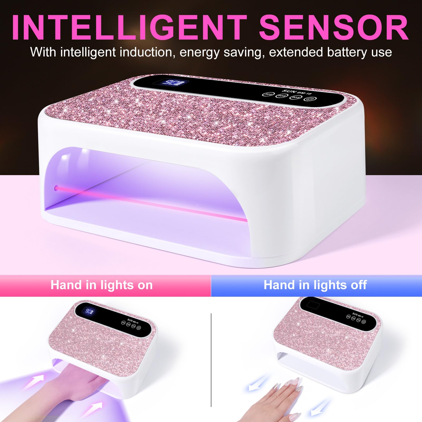 Lampada per unghie senza fili, luce UV per unghie in gel, ricaricabile, professionale, 42 perline, sensore automatico per nail art a casa e nei saloni (diamante rosa)