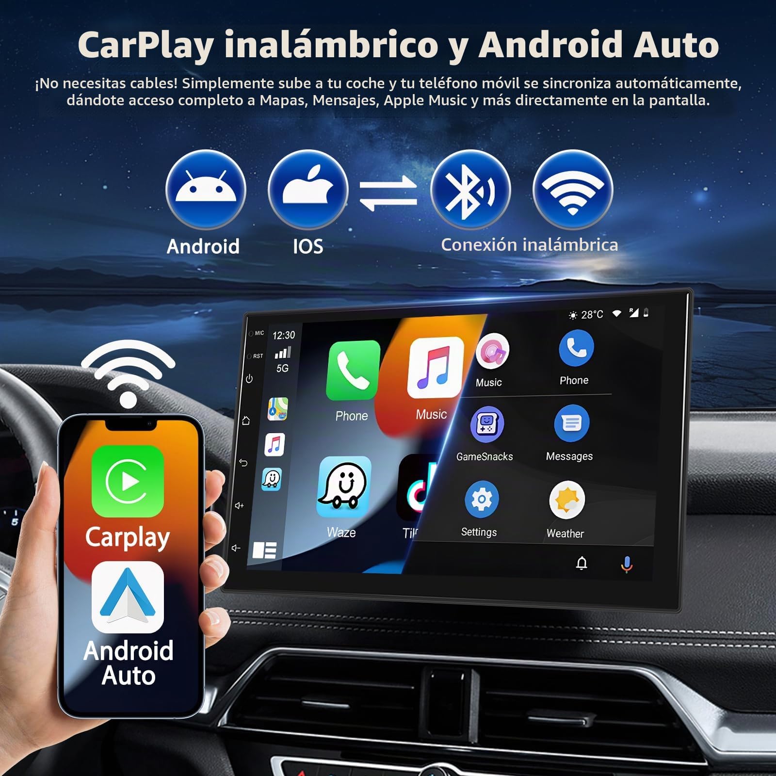 Autorradio Estéreo 2 DIN Motorsi [4+64 GB] con Android 15.0, Pantalla Táctil HD de 7 Pulgadas, Bluetooth 5.0, GPS, WiFi, FM, RDS, EQ, Doble USB y AHD, Cámara y Micrófono