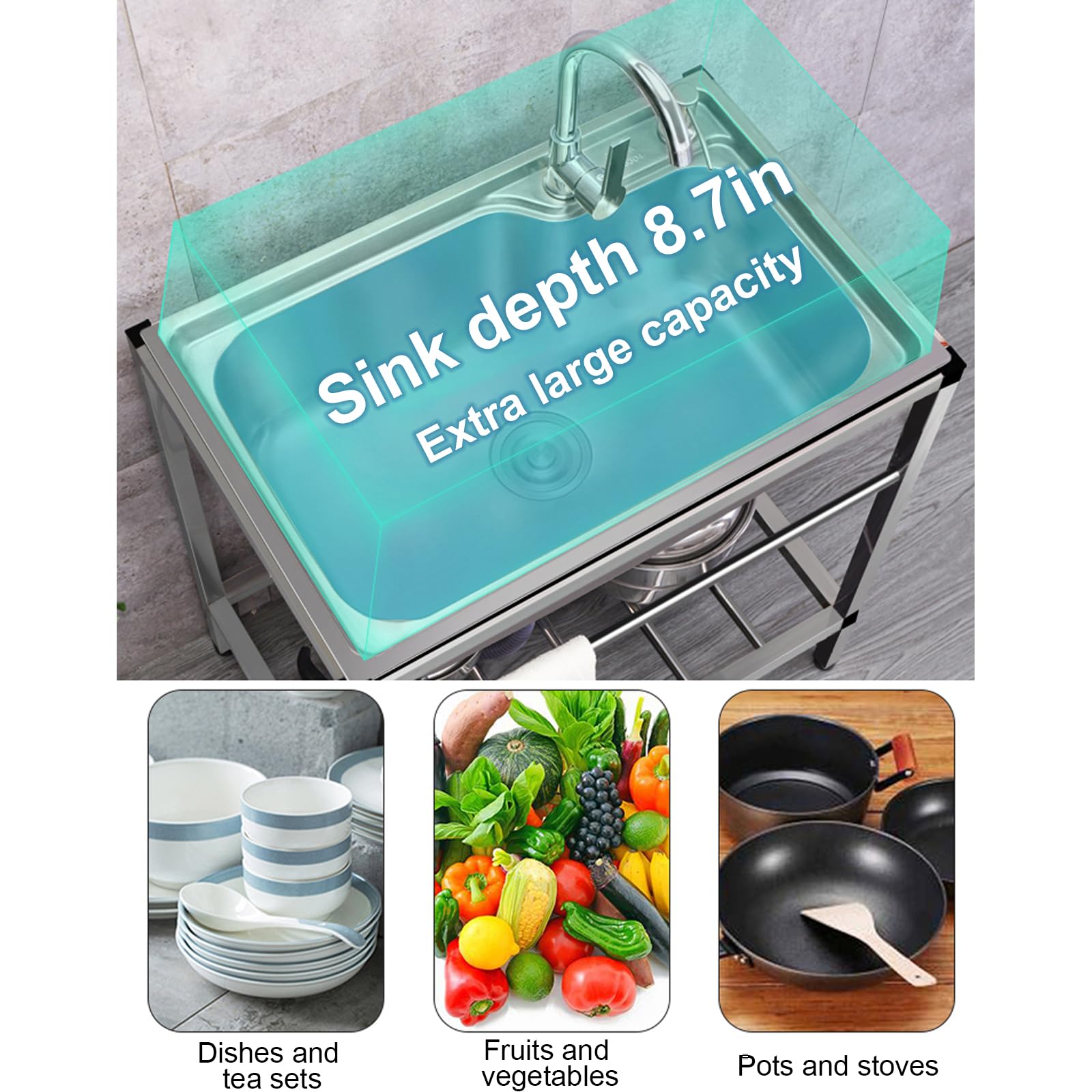 Zewnętrzny zlew ze stali nierdzewnej, przenośny, wolnostojący, z półką do przechowywania i kranem, do restauracji, baru, pralni, garażu, podwórka, kempingu