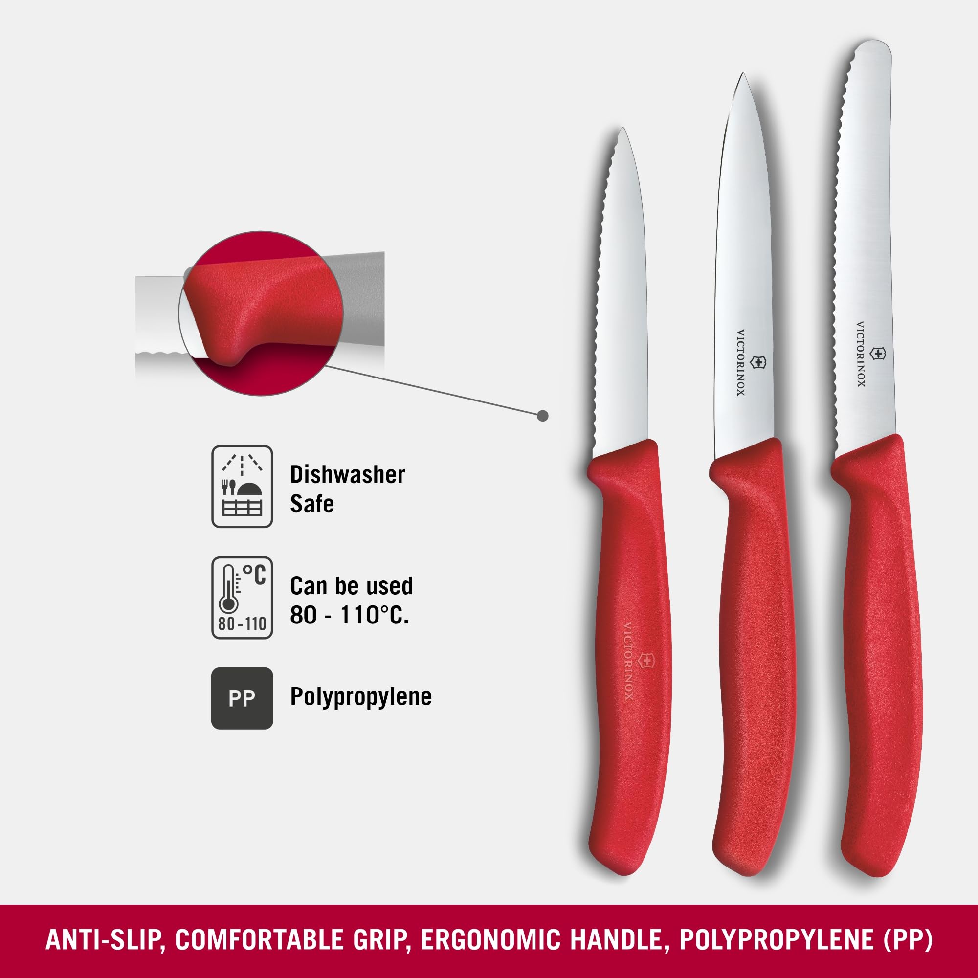 Set di coltelli da cucina Victorinox Swiss Classic, 3 pezzi, Coltello per verdure, pomodori e colazione, Manico in plastica robusta, Acciaio inossidabile, Rosso