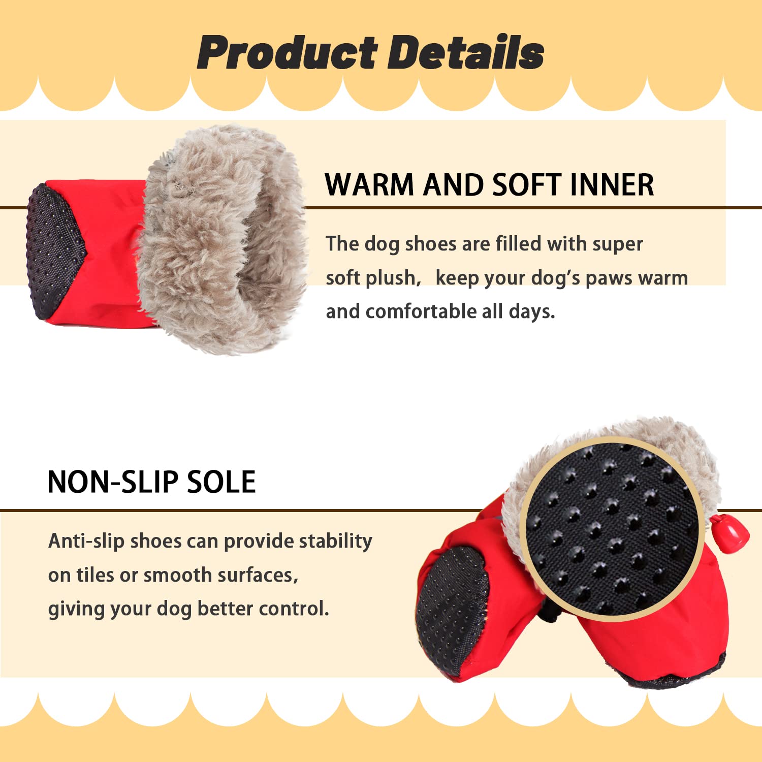Lot de 4 chaussures chaudes pour chien - Protection des pattes pour chien de petite et moyenne taille - Avec semelle antidérapante et peluche - Rouge - 4