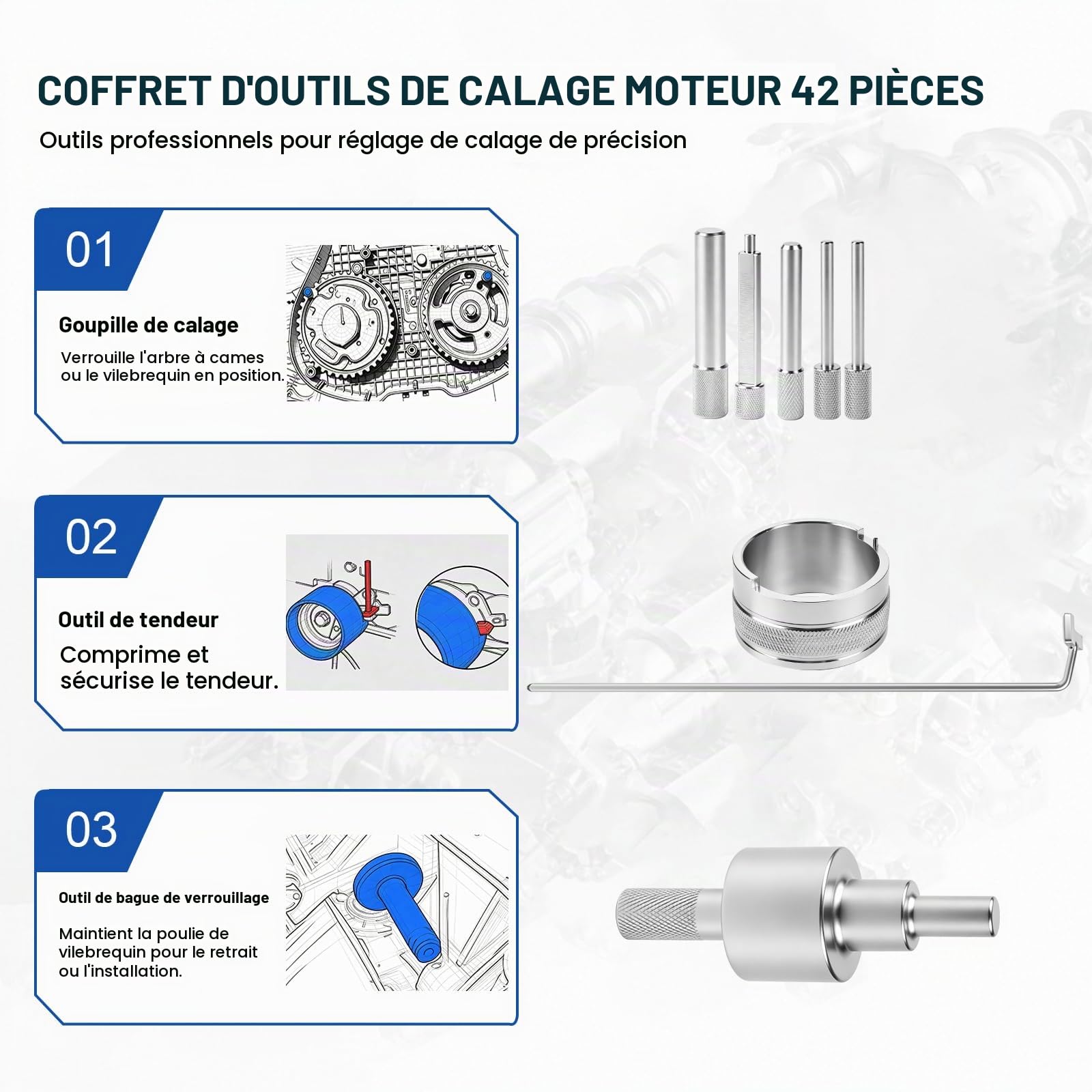 EXLECO 42 Pièces Outil de Calage de Distribution et Réglage d'arbre à Cames pour Moteur Essence Peugeot Citroën EW Série 16V, Outil pour Chaîne et Courroie de Distribution