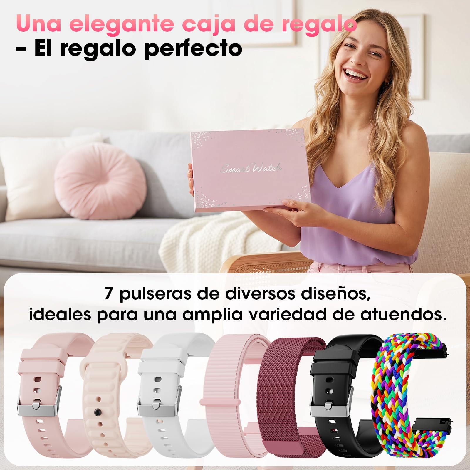 Reloj Inteligente Mujer, 7 Correas Regalo, 1,91" Pantalla Curva Smartwatch