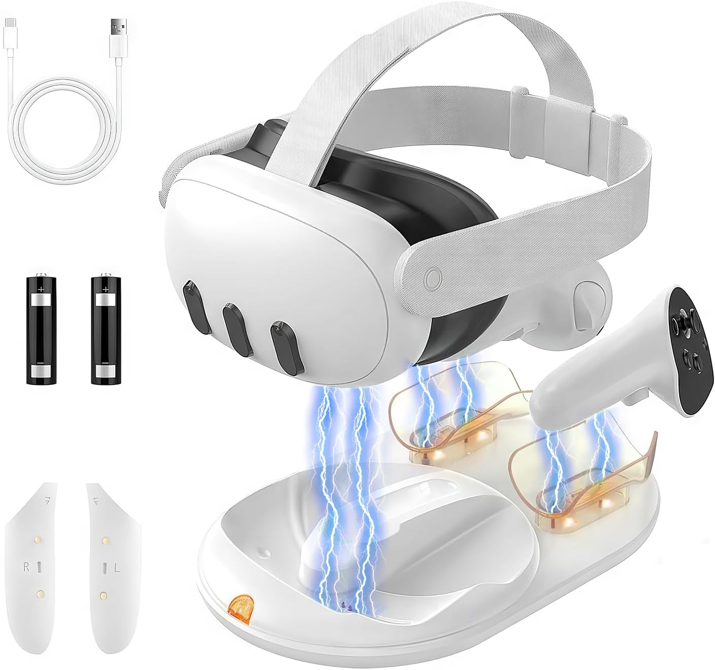 GEEKERA Charging Dock for Meta Quest 3, Magnetic Charging Stand for Oculus/Meta Quest 3 VR Headset & Controllers, Fast Charging Station with 18w Power Adapter/LED Light/2 Rechargeable Batteries