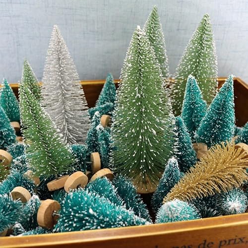 Miniatura 9 de 8 mini árboles de Navidad, árboles artificiales con base de madera, árboles de Navidad en miniatura de mesa con 4 coronas pequeñas de Navidad,