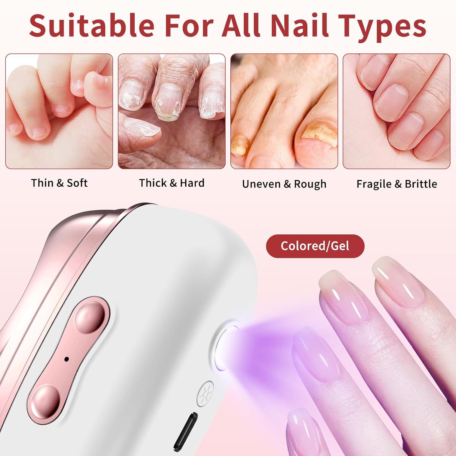 Electric Nail Clipper - 4 in 1 Automatic Nail Clipper with LED/Debris Box/Nail Drill/Gel Nail Light - Rechargeable Fingernail Trimmer - Thick Toe Nail Clippers for Senior/Adult/Kids/Baby File