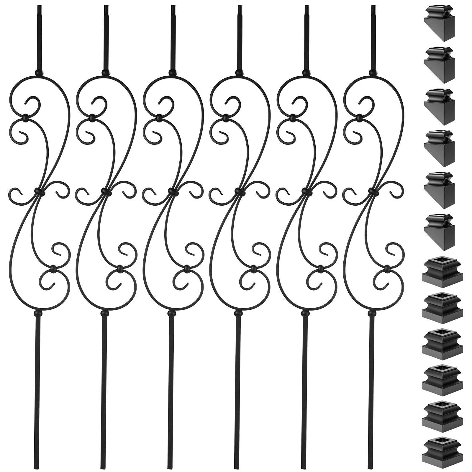 6 Pack Wrought Iron Balusters, S Scroll Iron Balusters for Staircases, Satin Black Metal Balusters for Staircase Interior Deck Spindles W/ 12Pack Iron Baluster Shoes