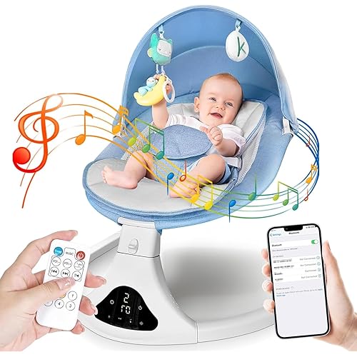 Smart Bluetooth Baby Swing with Remote Control - 5 Speed Gentle Sway | Portable Infant Swing with Machine-Washable Seat (0-12M, 6-20lbs)