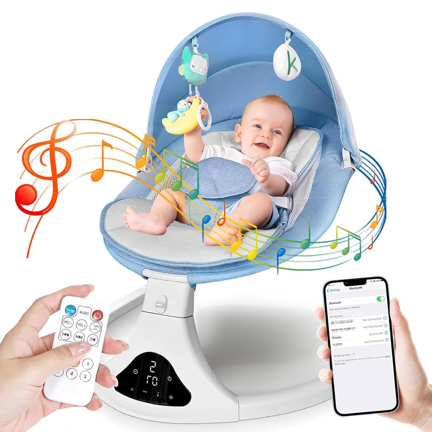 Smart Bluetooth Baby Rocker with Remote Control - 5 Speed Gentle Sway | Portable Infant Swing with Machine-Washable Seat (0-12M