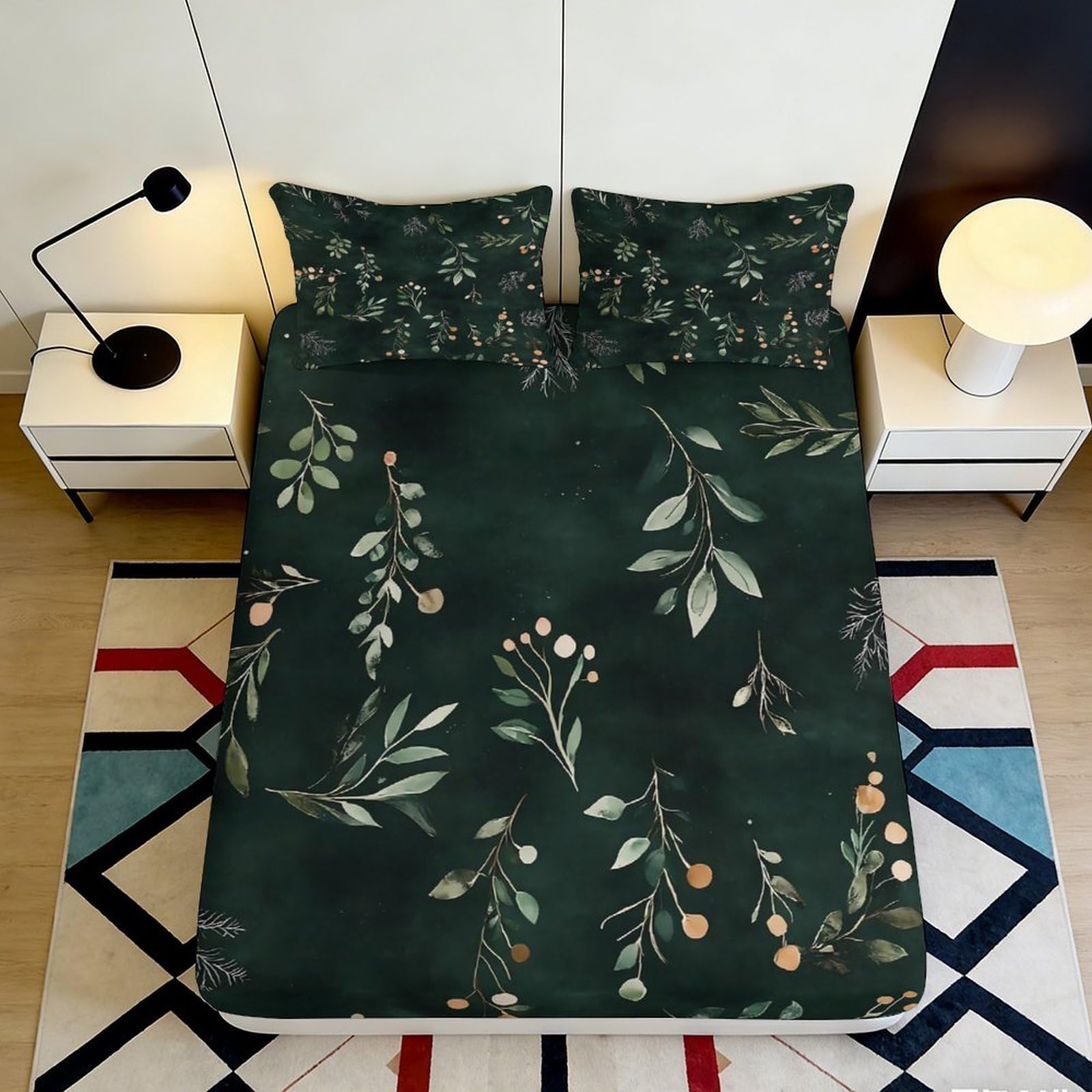 3D Printed Green Botanical Fitted Sheet Microfiber Soft Breathable Floral Branch Bed Cover for Bedroom Dormitory Guest Room Mattress Protection 140x200x25cm